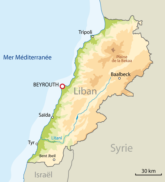 Carte du Liban avec le cours du fleuve Litani entre Sud-Liban et  Plaine de la Bekaa